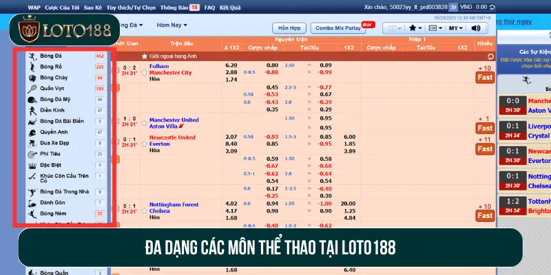 Đa dạng các môn thể thao tại Loto188