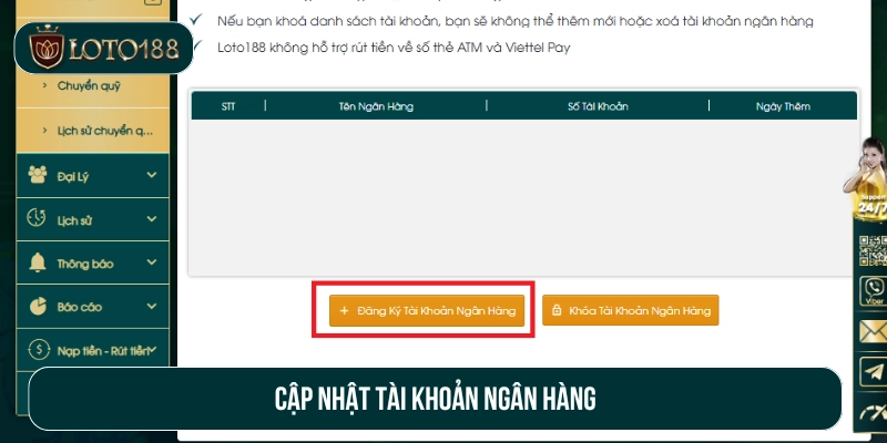 Liên kết tài khoản ngân hàng rút thưởng Loto188 